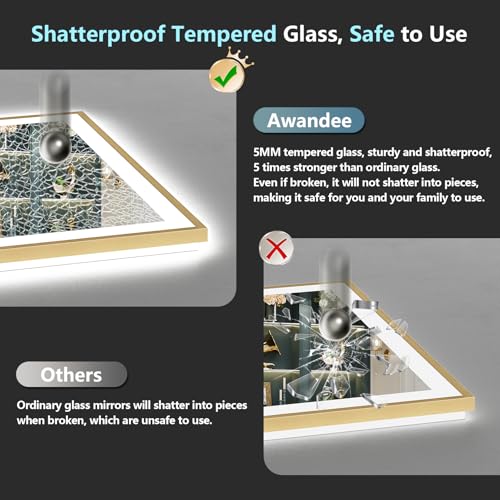 Image of 55x36 Gold LED Bathroom Mirror with Lights, Backlit & Front Lit | Brushed Gold Framed, Anti-Fog Lighted Vanity Mirror, Dimmable, 3-Color Temp, Memory, CRI95, HD Tempered Glass, UL Listed