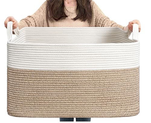 Image of Goodpick Blanket Basket, Toy Baskets Storage Kids, Large Baskets for Storage, Baby Laundry Basket with Small Cute Basket, Blanket Storage for Dirty Clothes, 21.6" x 14.9" x 11.8", White & Light Brown
