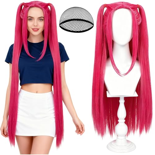 Okrostoy Hot Pink Long Straight Wig with 2 Ponytails for Halloween Costume Cosplay Party Long Hair with Wig Cap Synthetic Hair for Adults Women Halloween Costume Party Supplies