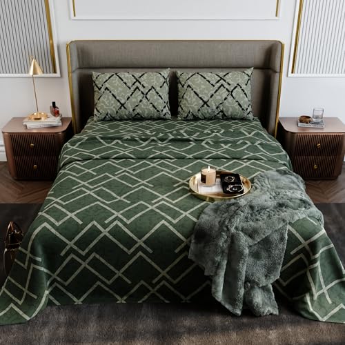 Image of Stoa Paris 100% Cotton Super King Bedsheet with 2 Pillow Covers for King & Double Beds, 180TC Printed Bedding Set, Breathable, All-Season Comfort, Lightweight, Urbanscape - Olive Mesh (274cmx274cm)