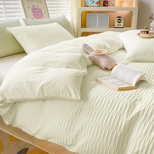 Seersucker Duvet Cover Set King Size Beddding Set with Pillowcases for Teens Adults Soft Microfiber Polyester Seersucker Bedding, Cream White, 230x220cm