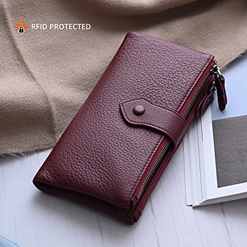 Image of Bveyzi Women Soft Leather RFID Blocking Bifold Slim Wallets Ladies Credit Card Holder Double Zipper Pocket | Soft