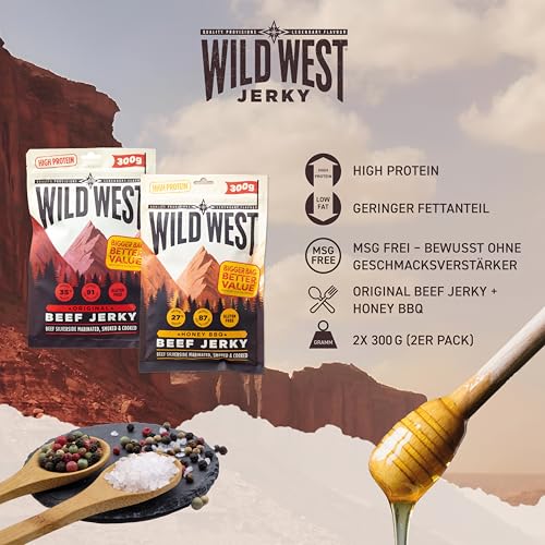 Wild West Beef Jerky, high Protein Trockenfleisch Bundle, Beef Jerky Protein Snack, 300g Honey BBQ & 300g Orginal, Rinderdörrfleisch