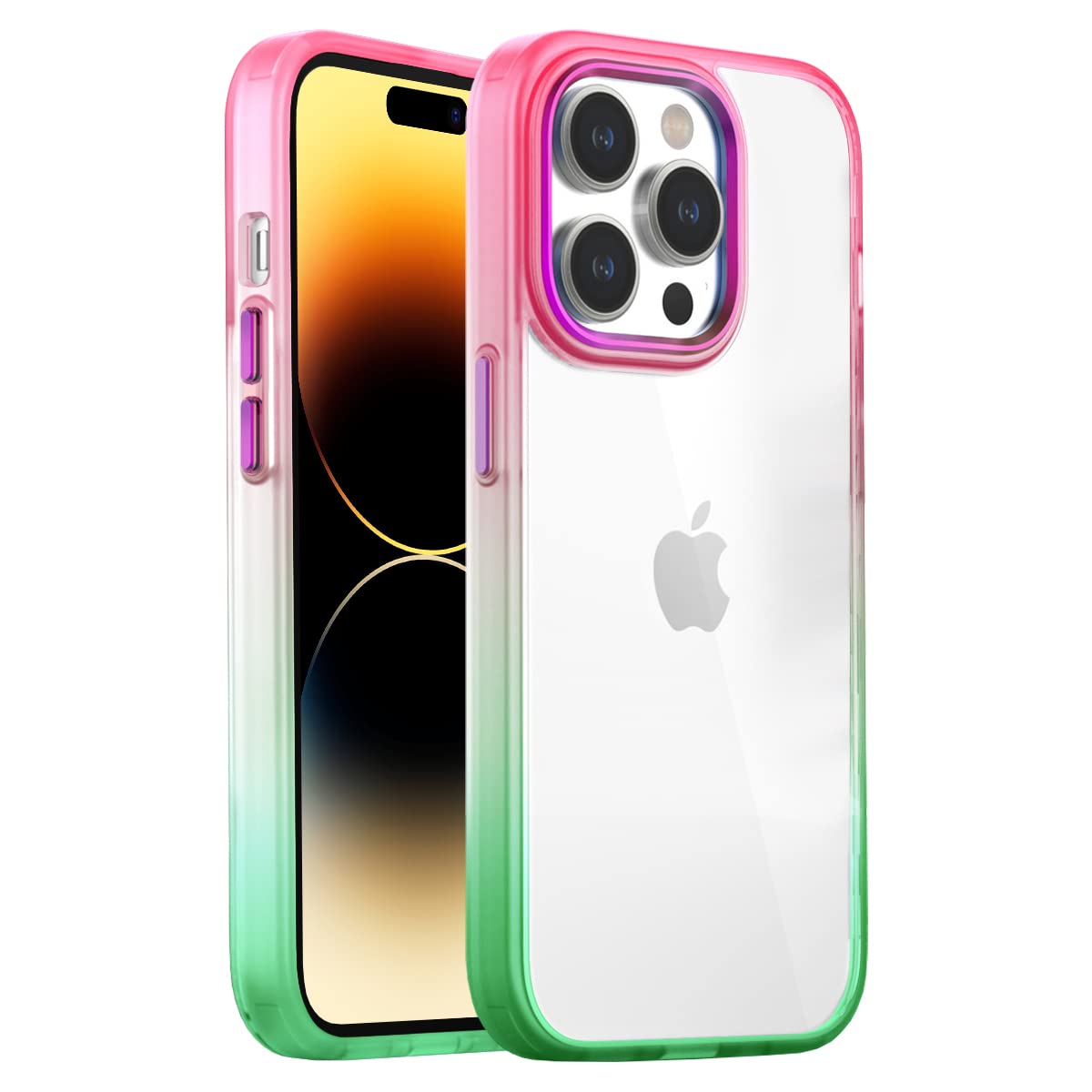 BUFF LABS iPhone 14 Pro Air Bumper Rainbow Kılıf Darbe Önleyici Arkası Şeffaf Gökkuşağı Kapak (Pembe Yeşil)