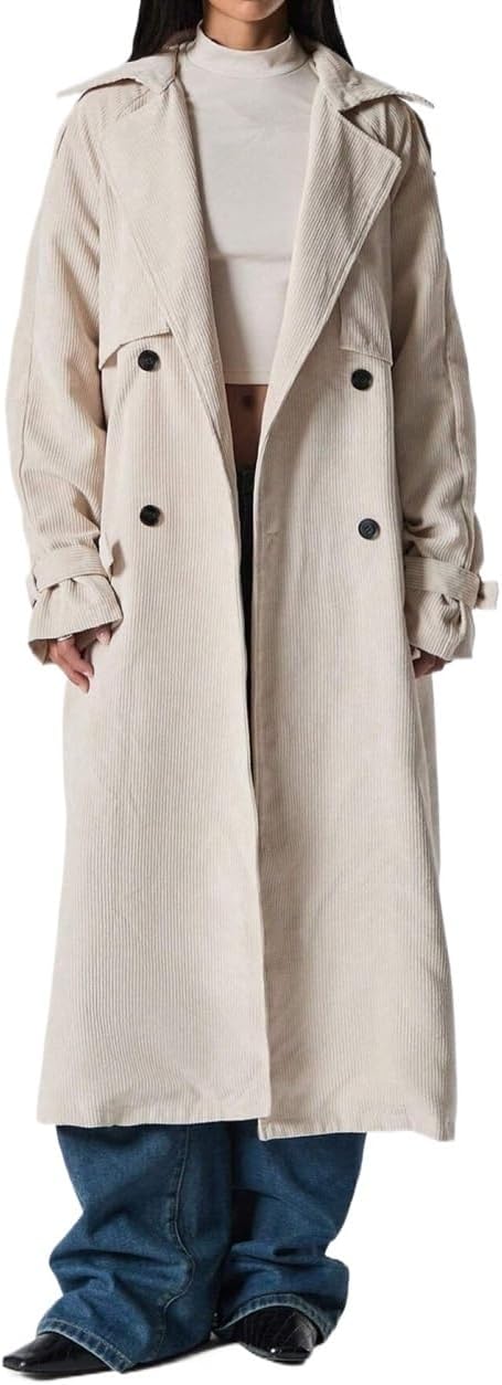 Womens Fashion Trench Outwear Double Button Belted Casual Long Sleeve Trench Coat Jacket Coat