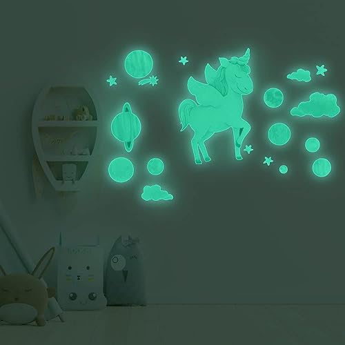 funlife 2 hojas de calcomanías de unicornio que brillan en la oscuridad, calcomanías de pared luminosas de unicornio brillante para despegar y