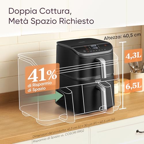 COSORI Turbo Tower Pro Smart Friggitrice ad Aria 10,8L con Rivestimento Ceramico, Doppia Resistenza, Cottura a 3 Livelli, 2630W, 7 Funzioni, 2 Motori DC, 50+ Ricette Complete Online, CAF-DC113S