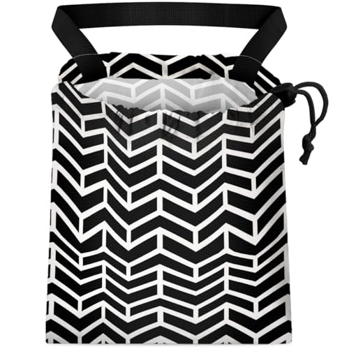 Image of Car Trash Bag Hanging Back of Seat Waterproof Small Cute Printed One-Handed Strap Drawstring Garbage Bags for Car-Black White