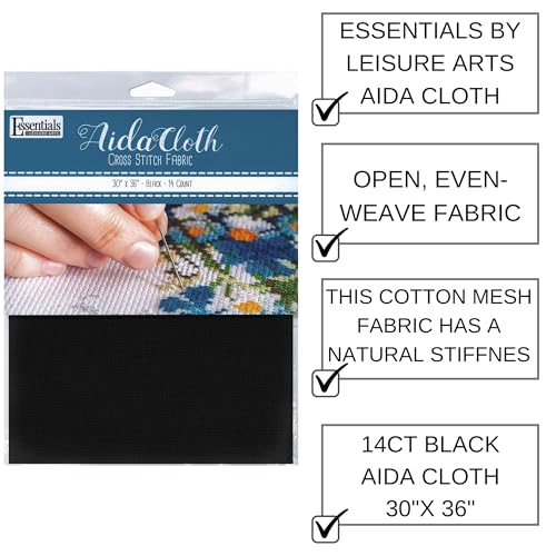 Image of Essentials By Leisure Arts Aida Cloth, 14 Count, Black Cross Stitch Fabric, Embroidery Fabric, Cross Stitch Supplies for Crafting, Stitching, and Sewing Projects 30X36
