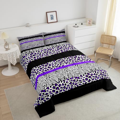 Image of Feelyou Kids Full Size Purple Leopard Comforter Set Zebra Bedding Set Purple Black Comforter for Kids Boys Girls Animal Duvet Insert Adult Bedroom Decor 3Pcs