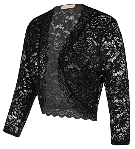 Belle Poque Womens 3/4 Sleeve Bolero Shrug Elegant Floral Crochet Lace Open Cardigan Black M #TOP1