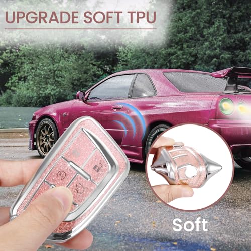 Image of for Cadillac Key Fob Cover with Fashionable Zirconia Wristlet KeyChain,Enchanting Diamond Patterns Soft Case for Escalade ATS XT4 /5 /6 XTS CT6 CTS ELR SRX STS (Pink, B)