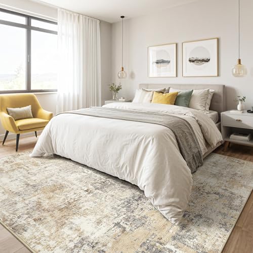 5x8 Area Rug Living Room: Machine Washable Large Abstract Modern Soft Rugs Stain Resistant Indoor Floor Non Slip Accent Carpet for Bedroom Nursery Playroom Office Dining Room Dorm Home- Gray Gold