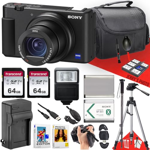 Sony ZV-1 Digital Camera + 2PC 64GB Memory + Extra Battery + Extra Charger + Monopod + Tripod + More (21pc Bundle) (Renewed)