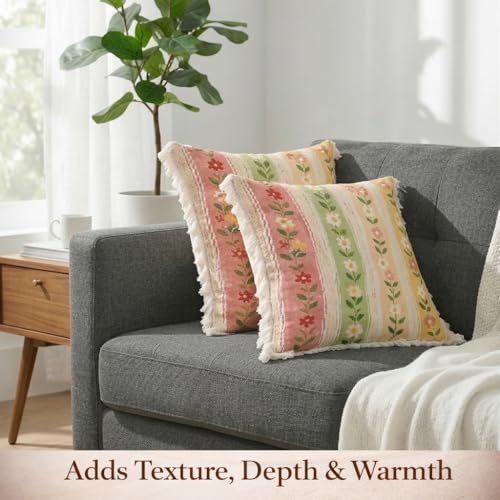 Image of STITCHNEST 'Little Meadow Series' Tassled Cushion Cover | Set of 2 | Floral Cushion Cover 16 inch x 16 inch
