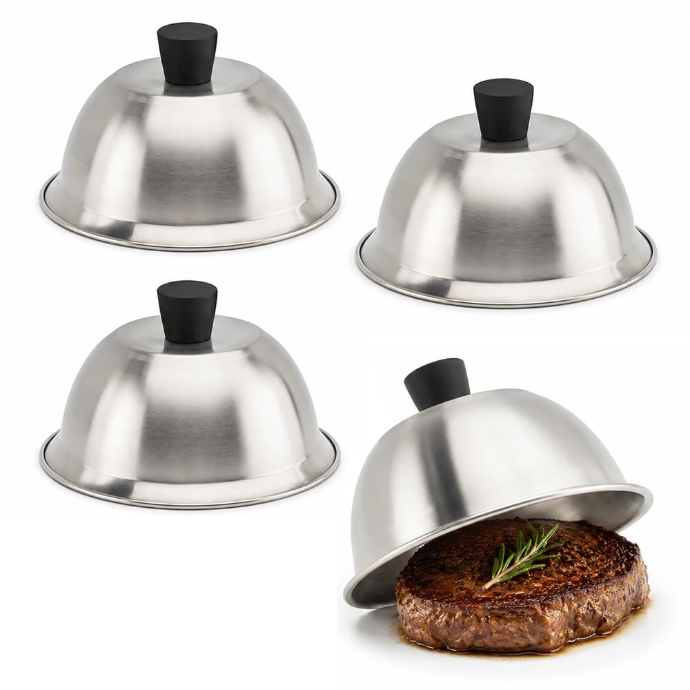 Cheese Melting Dome, ZMCVOE 6.3inch Burger Cloche with Heat Resistant Handles, Pack of 4 Basting Cover, Stainless Steel Burger Cheese Melting Dome for BBQ Kitchen Cooking, Dishwasher Safe