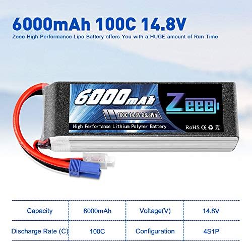 Zeee 4S Lipo Battery 14.8V 100C 6000mAh RC Battery with EC5 Plug for RC Plane F450 Quadcopter Airplane Helicopter RC Car Truck RC Boat (2 Packs)