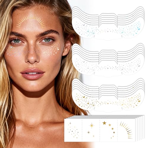 Glitzer Sommersprossen Tattoo für Gesicht 24 Stück Wasserfeste Temporäre Tattoos 6 Stile mit Sternen & Punkten in Gold Bunt & Silber Hautfreundliche Festival Freckles für Frauen