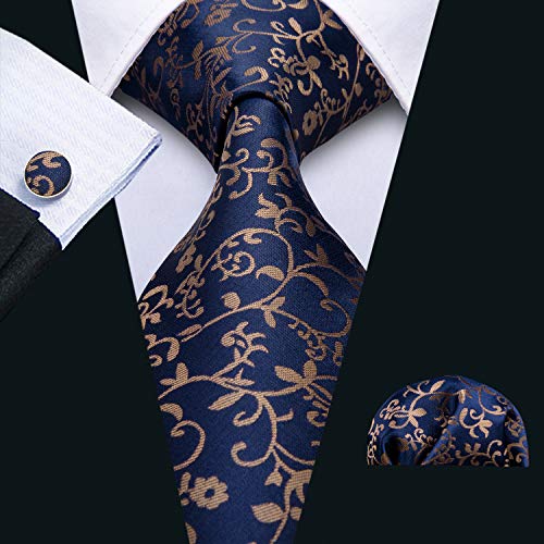 Image of Barry.Wang Flower Ties for Men Handkerchief Cufflinks Set Wedding Necktie Set Party