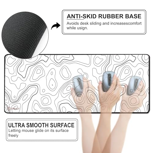Image of White Contour Line Mouse Pad 12x32Inch 3mm Extended Gaming Desk Mat with Anti-Slip Rubber Base Mousepad for Smooth Surface Desk pad for PC & Laptop Use Waterproof & Stiched (Black /White) Deskpad
