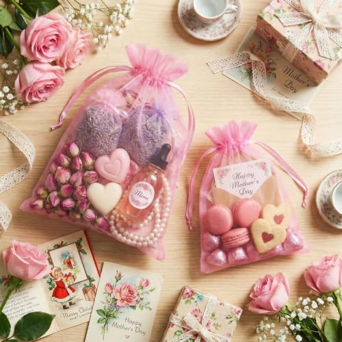 Image of FUNFERY 100PCS Pink Organza Gift Bags 4x6in,Drawstring Pouch for Jewelry