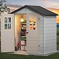 DWVO 6x4.4 FT Outdoor Storage Shed, Plastic Garden Tool Shed with 2 Windows, Double-Wall Outside Shed for Lawn Mower, Garden Tool for Backyard Patio, Lockable, Greige&Gray