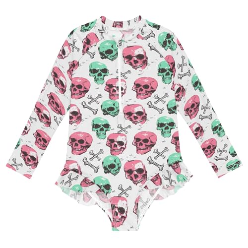 Skull Girls Long Sleeve Rashguard Swimsuit UV Protection One-Piece Swimwear Bathing Suit B0404350