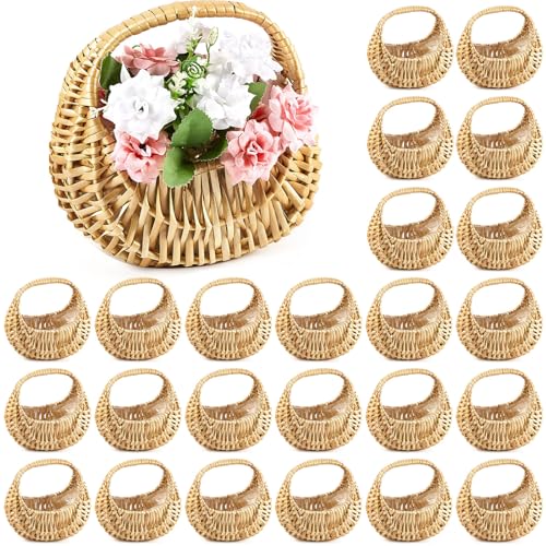 Image of Taiyin 24 Pack Flower Girl Basket with Handle, 6.7 x 6.5 x 4.3 Inch | Rattan Basket Half Moon Straw Wicker, Ideal for Wedding Flower, Petals, Confetti, Candy & Gifts, Picnic, Garden Storage Decor