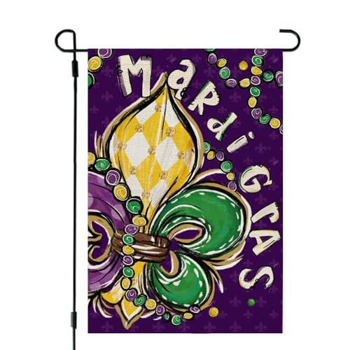 CROWNED BEAUTY Mardi Gras Fleur de Lis Garden Flag 12x18 Inch Double Sided for Outside Small Burlap New Orleans Carnival Celebration Beads Holiday Yard Decoration CF1694-12