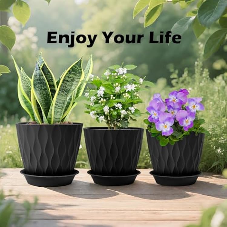 أواني نباتات Gardife مقاس 7/6.5/6/5.5/5/4.5/4 بوصة، عبوة من 7 أواني زهور داخلية وخارجية، أحواض بها فتحات تصريف وصواني صينية (أسود)