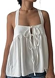 Women Square Neck Tank Top Y2k Bow Tie Front Adjustable Straps Pleated Cami Top Sleeveless Flowy Loose Shirt Blouse White