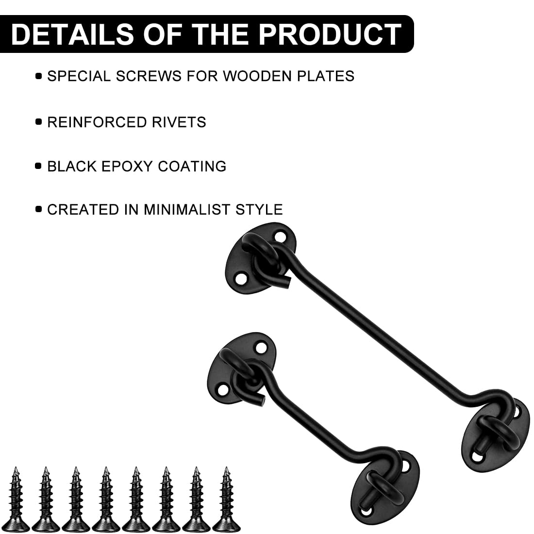 LICQIC 2 Pcs Cabin Hook, Gate Latch Hook, Stainless Steel Eye Latch for Garage Shed Door, Window, Black, 100 mm / 4 in - Image 3