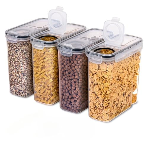 【TRENIE】密閉容器 食品保存容器 プラスチック 密封 片手で開閉 防湿 透明 4L 冷凍 OK 積み重ね収納便利 気密食品保存容器 スナック 砂糖 4 点セット 大容量 粉末 スナック 紅茶 密封ジャー 保存缶 漏れ防止 パスタ入れ 小麦粉 穀物保存