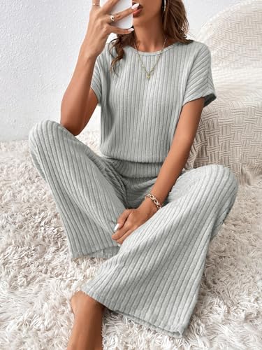 Happy Sailed Wide Leg Jumpsuits For Women Casual Loose One Piece Outfits Short Sleeve Crewneck Knit Ribbed Stretchy Long Romper Fashion 2024 Grey Small thumb #3