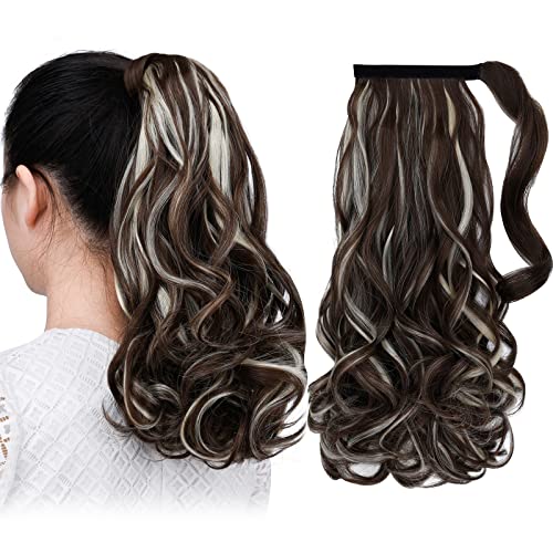 SYXLCYGG Wavy Ponytail Extension Wrap Around Ponytails Clip Brown 16" 4.2 Oz Synthetic Women Black Hair ExtensionsReal Hair Piece Fluffy Soft Not Tangled