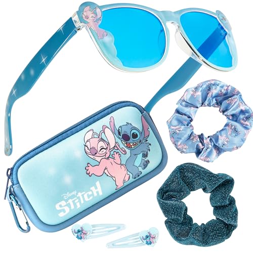 Disney Sonnenbrille Kinder Set mit Sonnenbrillen Etui, Scrunchies & Haargummis Mädchen (Blau Stitch)