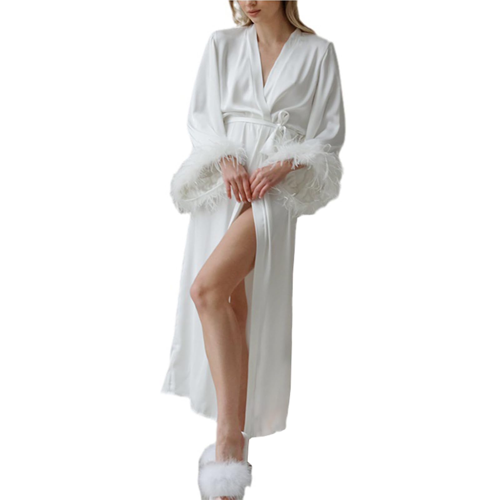 Femmes Pleine Longueur Satin Chemises de Nuit, D'été Sexy Plume Patchwork Longues Robes avec Ceinture Kimono Robes