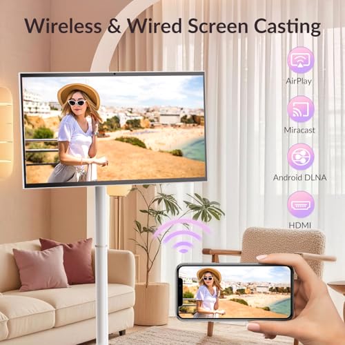 Image of 27-Inch Smart Portable TV on Wheels | Built-in 14-16H Battery | Qualcomm Snapdragon, 8+128GB Android 14 OS | EDLA Touch Screen, 13 MP Camera, Full Swivel Rotation, Remote & Voice Control