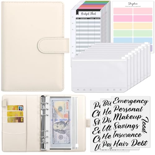 Image of SKYDUE Budget Binder with 8pcs Zipper Envelopes, Money Organizer for Cash with 12pcs Expense Budget Sheets & 24 Blak Sticky Labels, Budget Book with Cash Envelopes (Creamy Oatmeal)