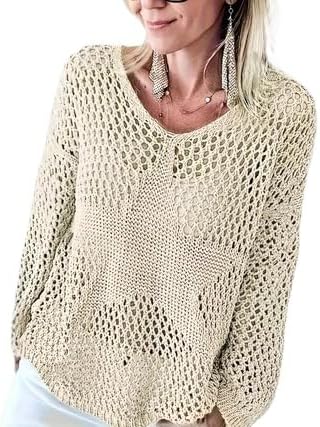 Womens Summer Crochet Hollow Out V-Neck Star Graphic Pullover Sweater Knit Tops Shirts Beach Cover Ups Streetwear