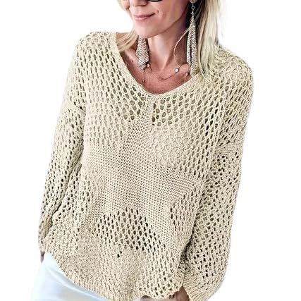 Womens Summer Crochet Hollow Out V-Neck Star Graphic Pullover Sweater Knit Tops Shirts Beach Cover Ups Streetwear