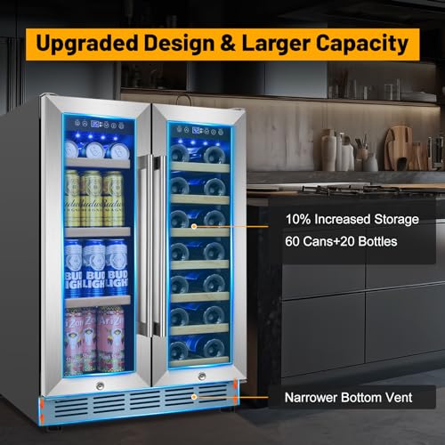 Image of Wine and Beverage Refrigerator, 24 Inch Beverage Cooler Dual Zone with Glass Door, Built-in /Freestanding Beverage Fridge with Upgraded 20 Bottles and 90 Cans Large Capacity