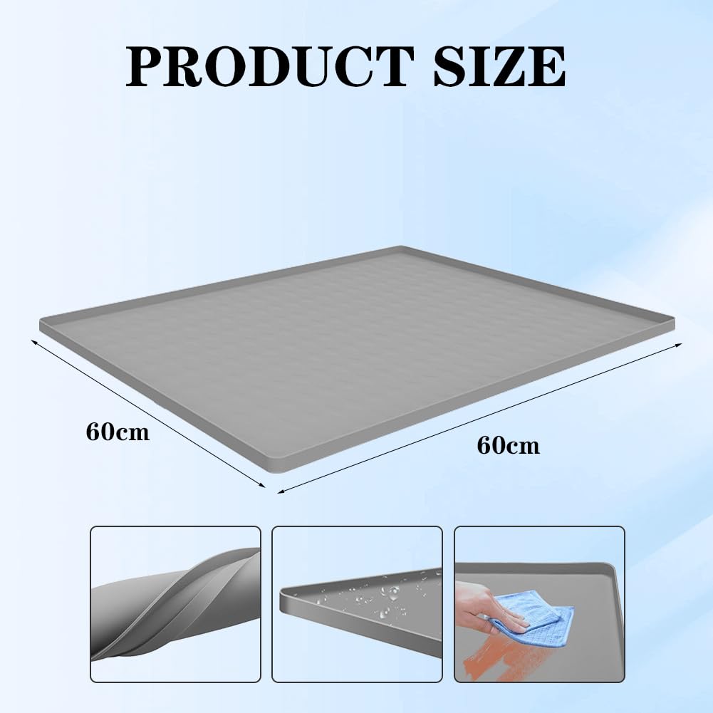 CEWROM Alfombrilla de Silicona para Frigorífico con Borde Elevado, Bandeja Antigoteo Impermeable y Antideslizante, Protección del Suelo contra Agua y Arañazos – Gris