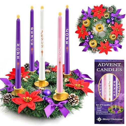 Kenburg 12in Christmas Advent Wreath 5 Candle Holder With Metal Cups For Taper Candles Advent Wreath And Candles Set Safety Fire Retardant Centerpiece Decorations For Table Indoor Home Church