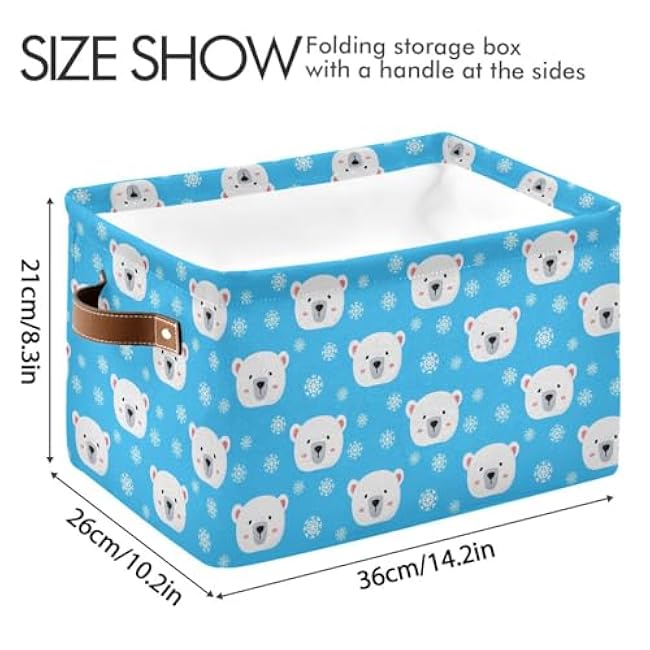Snowflake Bear Pattern Storage Baskets for Shelves, Foldable Cube Storage Bin with Handles, Fabric Closet Organizers for Storage Clothes, Toy, Books, Towels, 14.2 x 10.2x 8.3 Inch
