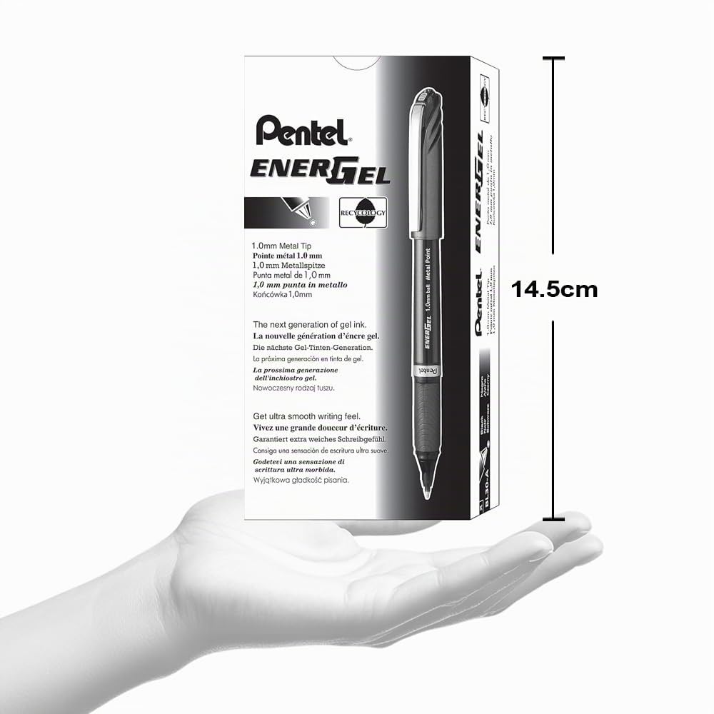 Pentel Energel Plus, Penna gel inchiostro, 1.0 mm, Nero, Pacco da 12, 12 Pezzi