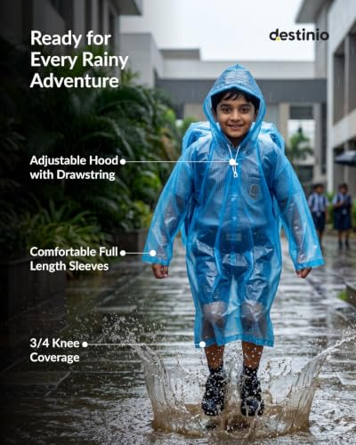 Image of Destinio Raincoat for Kids 6-12 Years, Waterproof Poncho for Kids, Thick PVC Knee Length Raincoat for Boys, Full Sleeve, Hood with Drawstring, Reusable Rain Coat for Girls, School Children