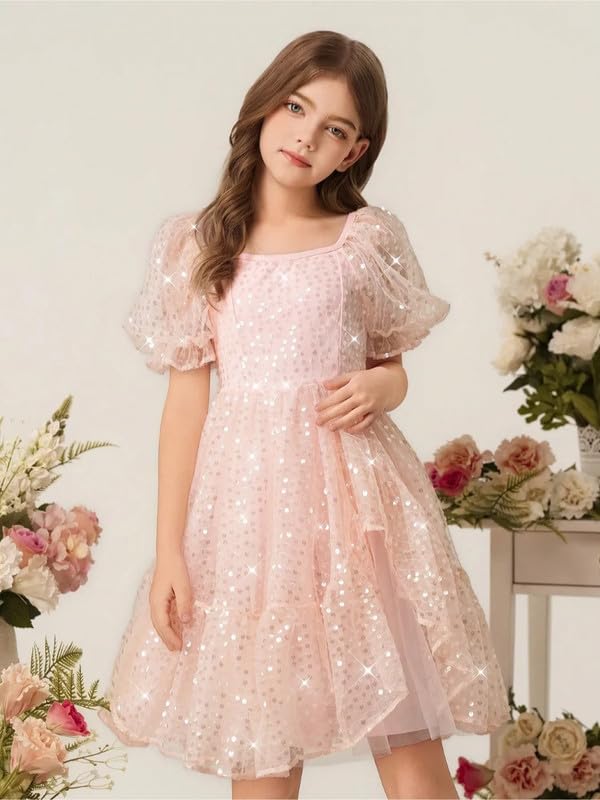 Image of Niren Enterprise Peach Printed Knee Length Short Sleeves Square Neck Stylish Girls Party Dress