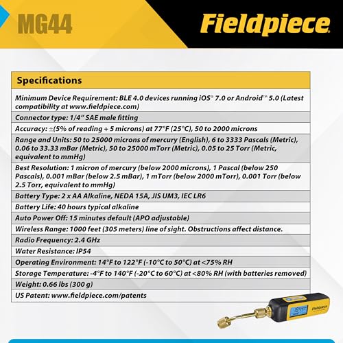 fieldpiece - hvacr wireless vacuum gauge - mg44 - quick accurate evacuations amp vacuum readings - job link compatible long range hvac tool