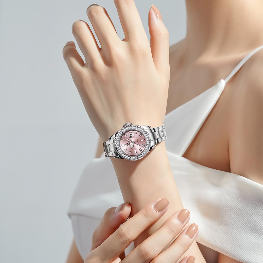 OLEVS Damen-Armbanduhr, Diamantkleid, Quarz, analog, weibliche Uhren, Edelstahl, zweifarbig, wasserdicht, leuchtend, Tag und Datum, Geschenk
